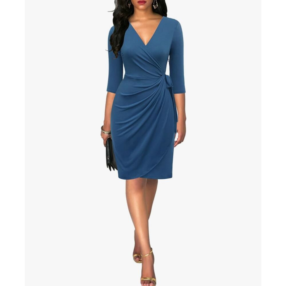 Berydress Women's Classic 3/4 Sleeve Blue V Neck Casual Party Work Wrap Dress S